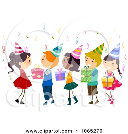Clipart Line Of Kids Giving Birthday Presents To A Girl - Royalty Free Vector Illustration by BNP Design Studio