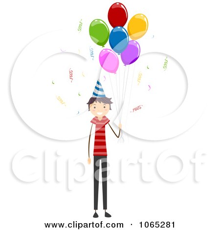 Clipart Stick Birthday Boy With Party Balloons - Royalty Free Vector Illustration by BNP Design Studio
