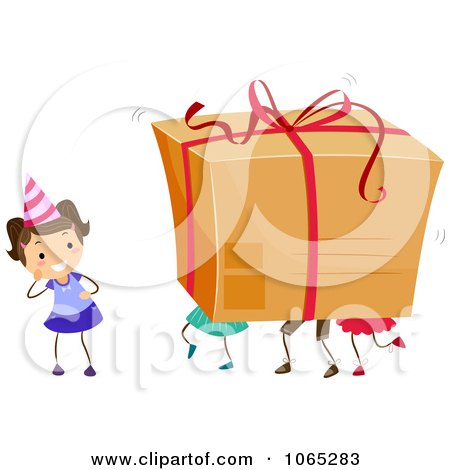 Clipart Birthday Girl And Friends Deliverying A Package - Royalty Free Vector Illustration by BNP Design Studio