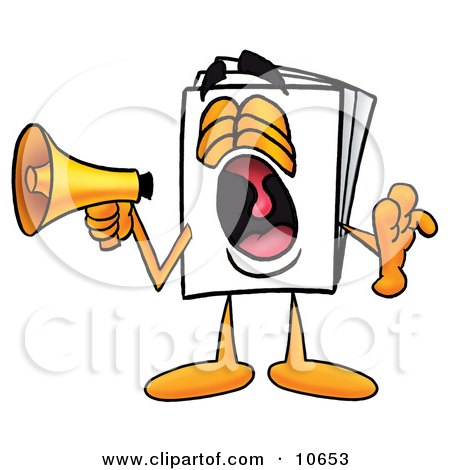 Clipart Picture of a Paper Mascot Cartoon Character Screaming Into a Megaphone by Mascot Junction