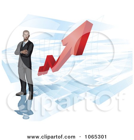 Clipart 3d Businessman Over A Red Arrow Chart - Royalty Free Vector Illustration by AtStockIllustration