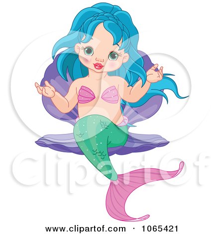 Clipart Cute Blue Haired Mermaid On A Shell - Royalty Free Vector Illustration by Pushkin