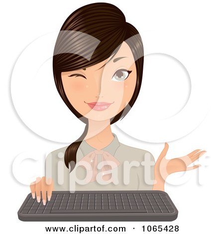 Clipart Winking Brunette Secretary With A Keyboard - Royalty Free Vector Illustration by Melisende Vector