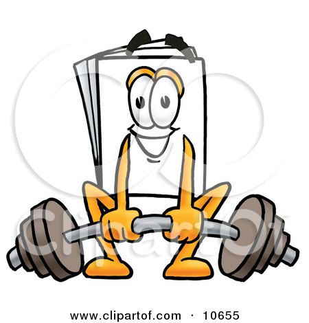 Clipart Picture of a Paper Mascot Cartoon Character Lifting a Heavy Barbell by Mascot Junction