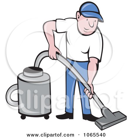 Clipart Man Using A Canister Vacuum - Royalty Free Vector Illustration by patrimonio