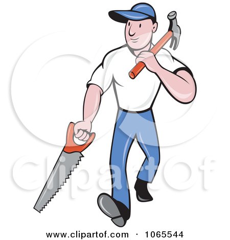 Clipart Carpenter Carrying A Saw And Hammer - Royalty Free Vector Illustration by patrimonio