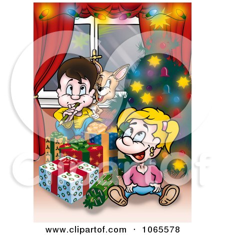 Clipart Christmas Kids With Gifts By A Tree - Royalty Free Illustration by dero