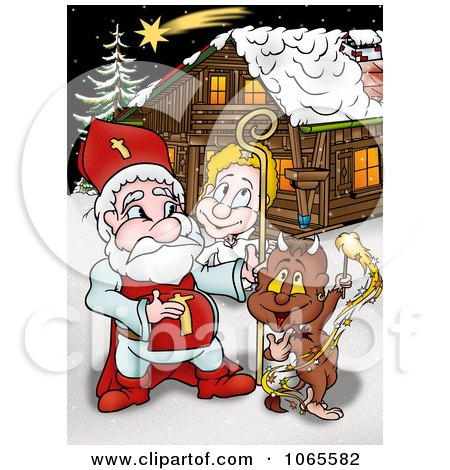 Clipart Santa With A Devil And Angel By A Cabin - Royalty Free Illustration by dero