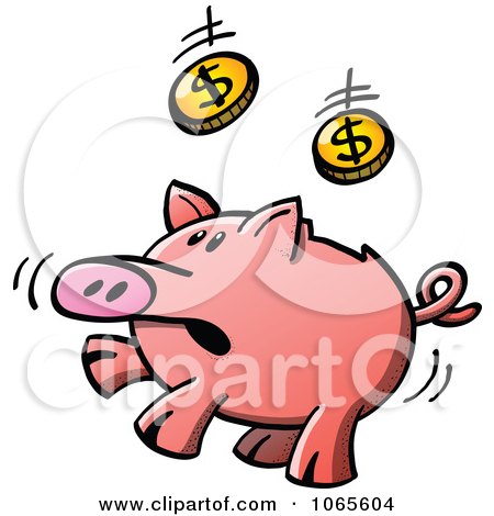 Clipart Piggy Bank Jumping To Catch Coins - Royalty Free Vector Illustration by Zooco