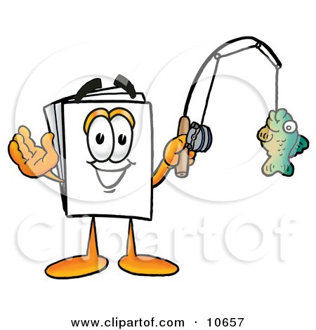 Clipart Picture of a Paper Mascot Cartoon Character Holding a Fish on a Fishing Pole by Mascot Junction