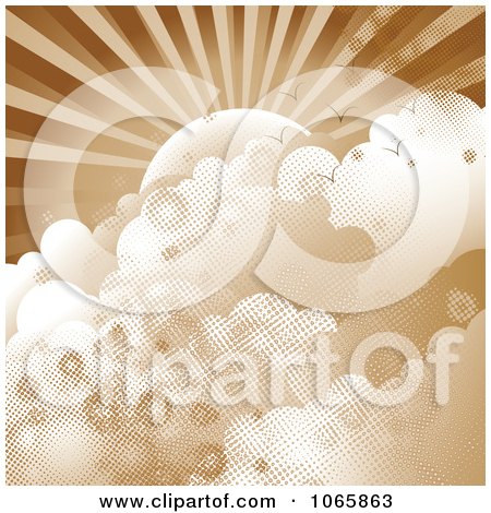 Clipart Sepia Halftone Sun And Clouds - Royalty Free Vector Illustration by MilsiArt