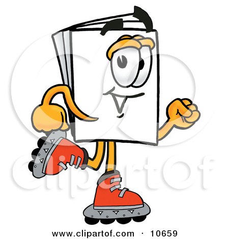 Clipart Picture of a Paper Mascot Cartoon Character Roller Blading on Inline Skates by Mascot Junction