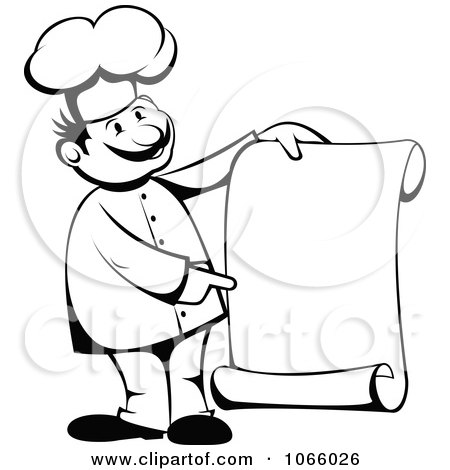 Clipart Outlined Chef Holding A Scroll Menu - Royalty Free Vector Illustration by Vector Tradition SM