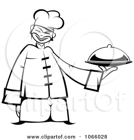Clipart Outlined Asian Chef Holding A Platter - Royalty Free Vector Illustration by Vector Tradition SM