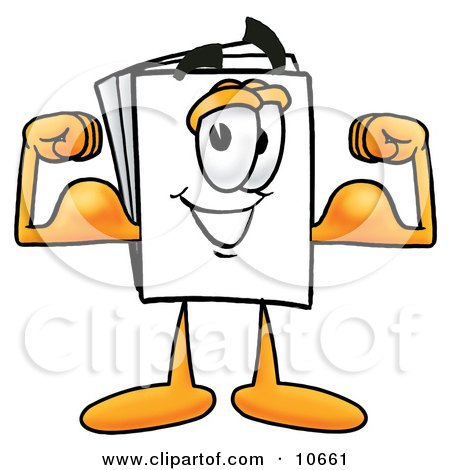 Clipart Picture of a Paper Mascot Cartoon Character Flexing His Arm Muscles by Mascot Junction