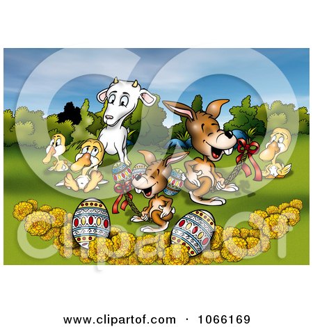 Clipart Easter Animals Eggs And Flowers In A Meadow - Royalty Free Illustration by dero