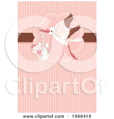 Clipart Stork And Baby Girl Over Pink Stripes - Royalty Free Vector Illustration by Pushkin