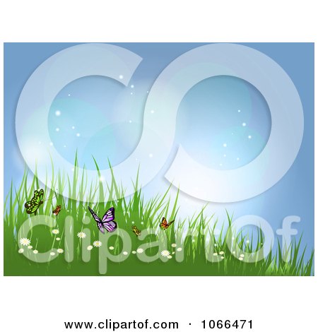 Clipart Butterflies With Wildflowers In The Grass - Royalty Free Vector Illustration by KJ Pargeter