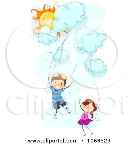 Clipart Stick Kids Floating With Cloud Kites - Royalty Free Vector Illustration by BNP Design Studio