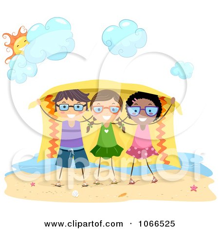 Clipart Stick Kids Under A Shade Blanket - Royalty Free Vector Illustration by BNP Design Studio