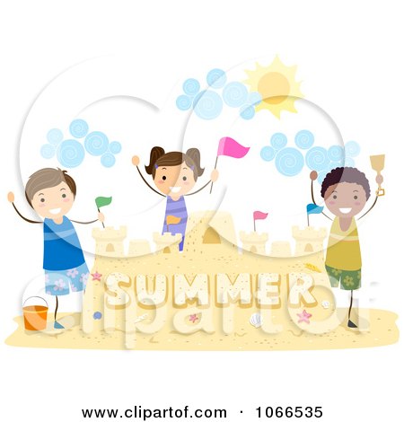 Clipart Stick Kids Celebrating By Their Sand Castle - Royalty Free Vector Illustration by BNP Design Studio