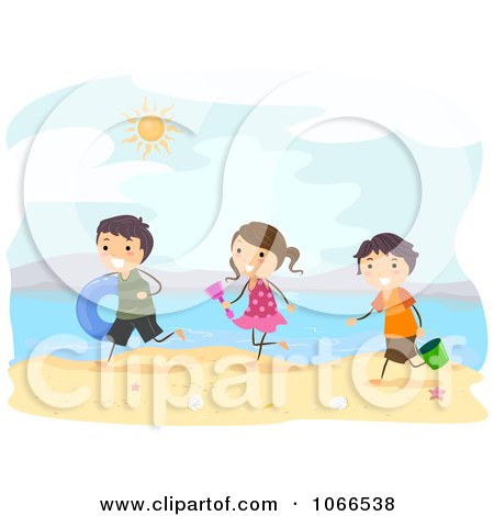 Clipart Stick Kids Running On A Beach - Royalty Free Vector Illustration by BNP Design Studio