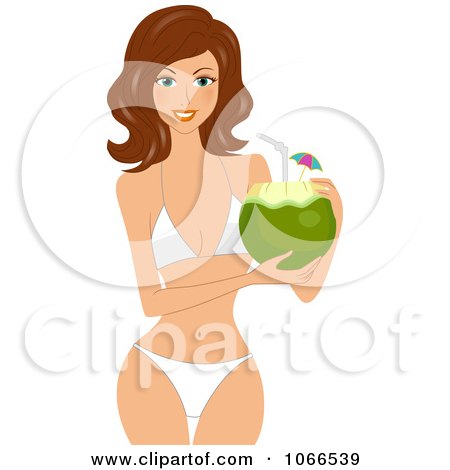 Clipart Brunette Summer Woman With A Coconut Drink - Royalty Free Vector Illustration by BNP Design Studio