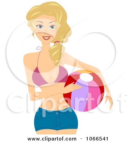 Clipart Blond Summer Woman Holding A Beach Ball - Royalty Free Vector Illustration by BNP Design Studio