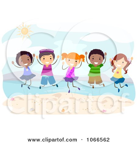 Clipart Stick Kids Jumping On A Beach - Royalty Free Vector Illustration by BNP Design Studio