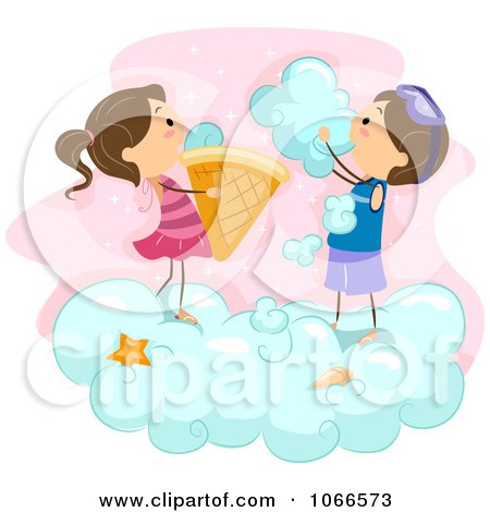 Clipart Stick Kids Making Ice Cream Cones Out Of Clouds - Royalty Free Vector Illustration by BNP Design Studio