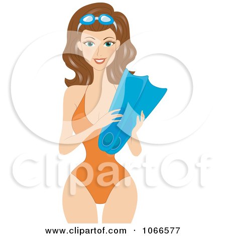 Clipart Brunette Summer Woman Holding Swim Fins - Royalty Free Vector Illustration by BNP Design Studio