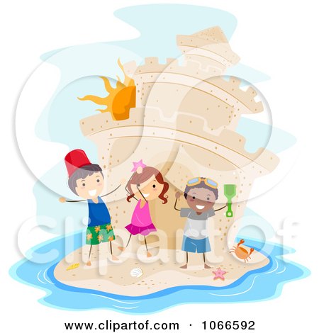 Clipart Stick Kids With A Giant Sand Castle Island - Royalty Free Vector Illustration by BNP Design Studio