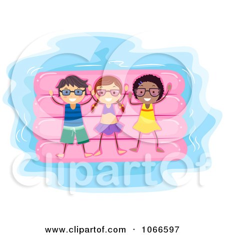 Clipart Stick Kids Sharing A Raft - Royalty Free Vector Illustration by BNP Design Studio