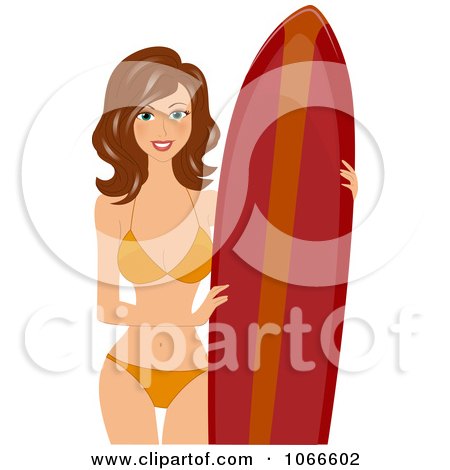 Clipart Brunette Summer Woman With A Surf Board - Royalty Free Vector Illustration by BNP Design Studio