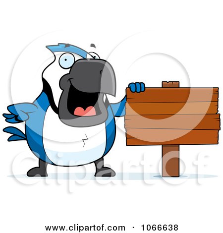 Clipart Pudgy Blue Jay With a Blank Wood Sign - Royalty Free Vector Illustration by Cory Thoman