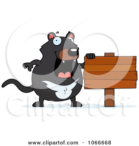Clipart Pudgy Tazmanian Devil With A Wood Sign - Royalty Free Vector Illustration by Cory Thoman