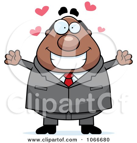 Clipart Pudgy Black Businessman With Open Arms - Royalty Free Vector Illustration by Cory Thoman