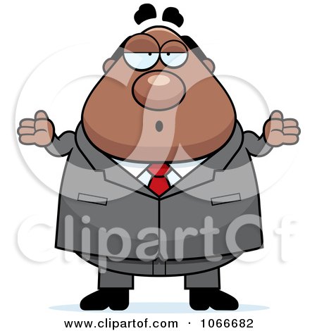Clipart Pudgy Black Businessman Shrugging - Royalty Free Vector Illustration by Cory Thoman