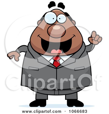 Clipart Pudgy Black Businessman With An Idea - Royalty Free Vector Illustration by Cory Thoman