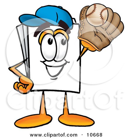Clipart Picture of a Paper Mascot Cartoon Character Catching a Baseball With a Glove by Mascot Junction