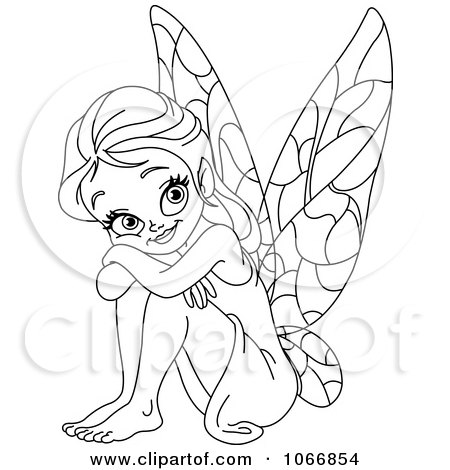 Clipart Outlined Fairy Resting Against Her Knees - Royalty Free Vector Illustration by yayayoyo