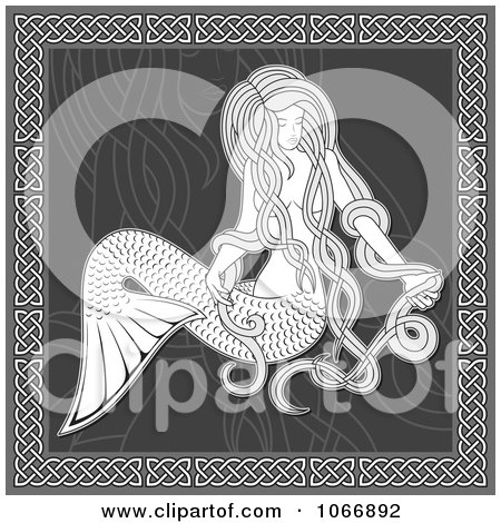 Clipart Grayscale Mermaid With Long Hair - Royalty Free Vector Illustration by Any Vector