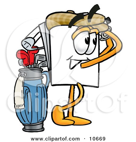 Clipart Picture of a Paper Mascot Cartoon Character Swinging His Golf Club While Golfing by Mascot Junction