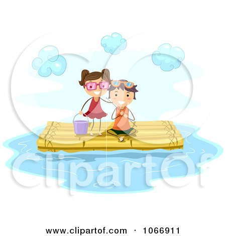Clipart Stick Kids Fishing On A Raft - Royalty Free Vector Illustration by BNP Design Studio