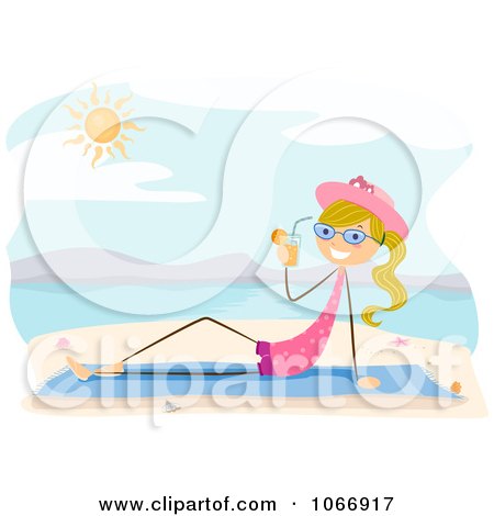 Clipart Stick Girl Sipping A Beverage On A Beach - Royalty Free Vector Illustration by BNP Design Studio