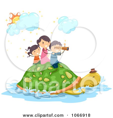 Clipart Stick Kids Riding On A Turtle - Royalty Free Vector Illustration by BNP Design Studio