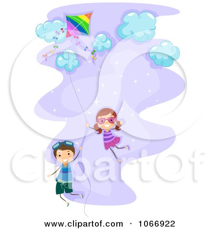 Clipart Stick Kids Floating On A Kite String - Royalty Free Vector Illustration by BNP Design Studio