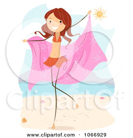 Clipart Stick Girl Posing With A Towel On A Beach - Royalty Free Vector Illustration by BNP Design Studio