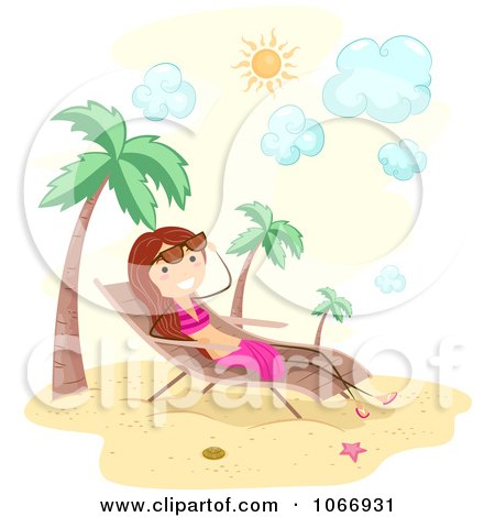 Clipart Stick Girl Sun Bathing On A Tropical Beach - Royalty Free Vector Illustration by BNP Design Studio