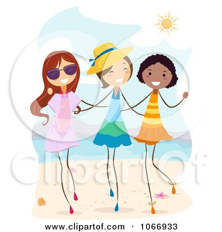 Clipart Stick Girls Walking On A Beach - Royalty Free Vector Illustration by BNP Design Studio